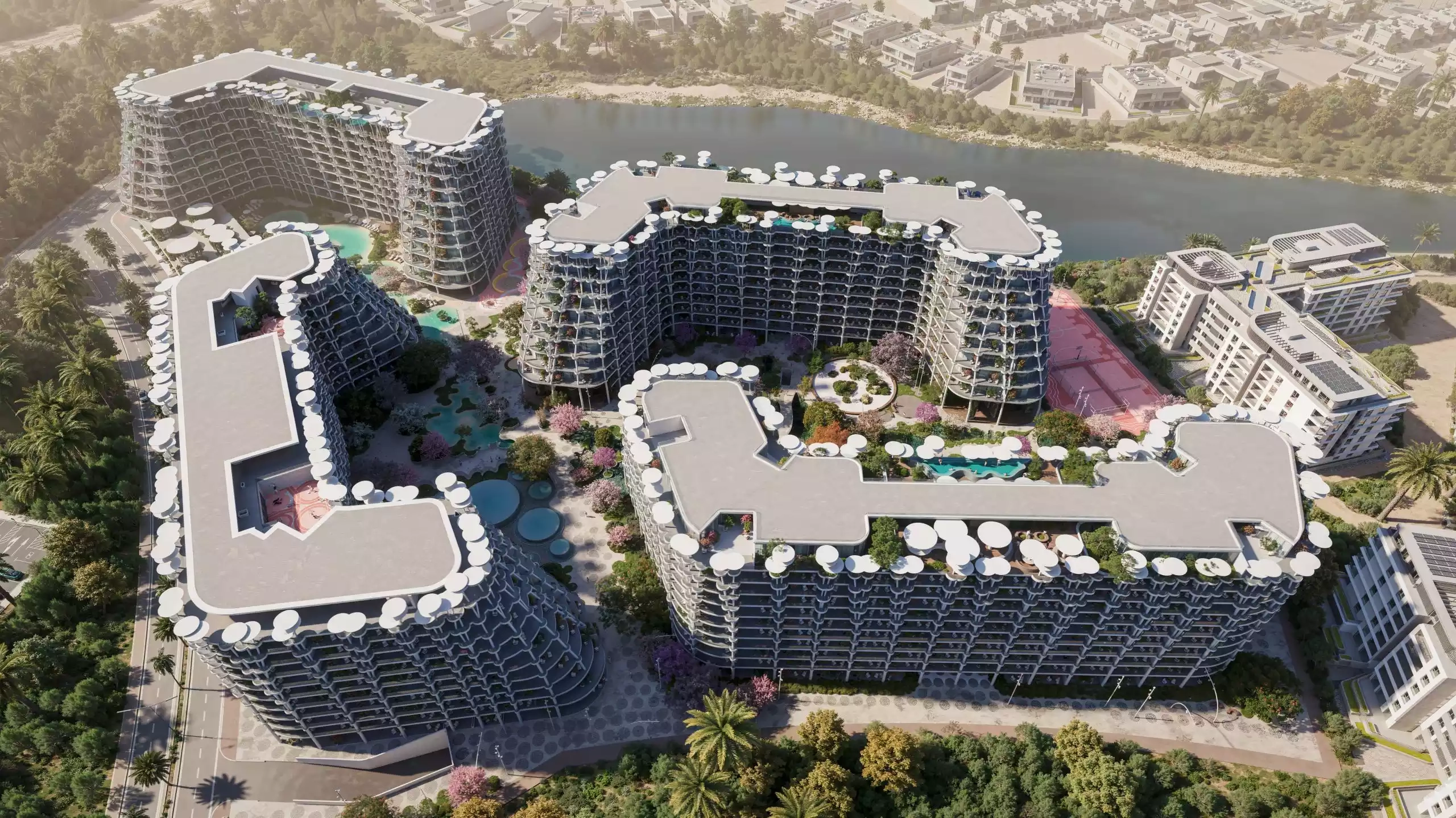 Sakura Gardens by HRE Development – vaizdas iš viršaus su lagūnos tipo baseinu, Falcon City of Wonders