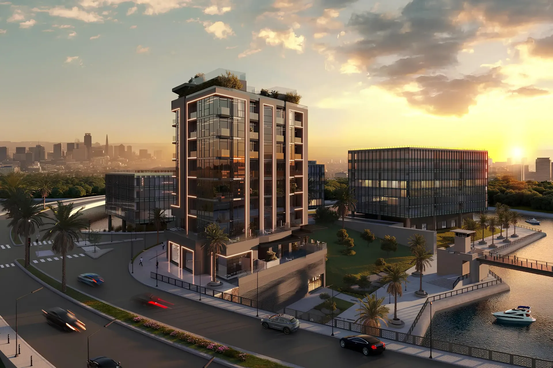 Celeste by HRE Development – gyvenamasis pastatas prie kanalo saulėlydžio metu