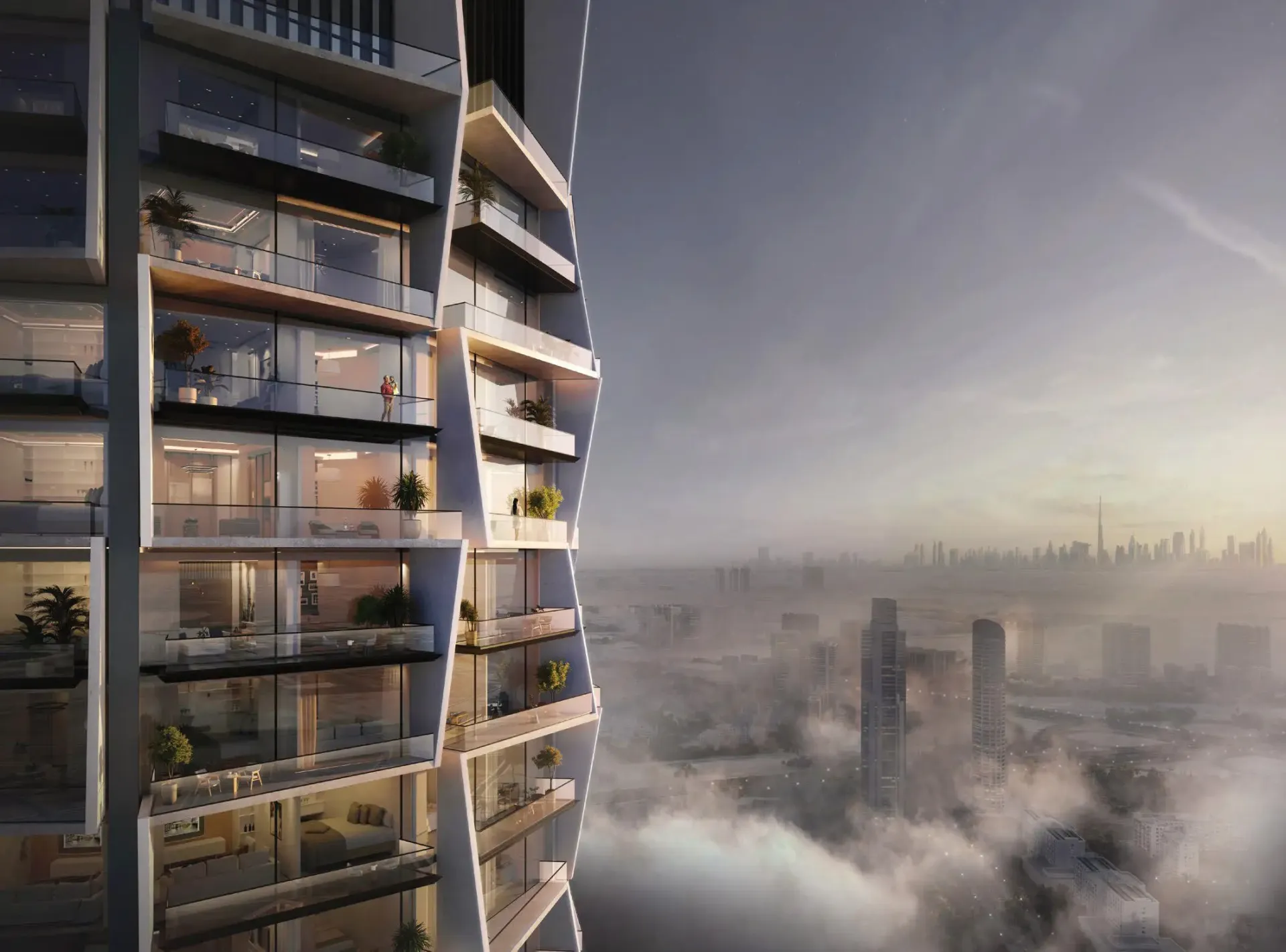 Binghatti Circle – aukšto bokšto fasadas su balkonais ir debesuota Dubajaus panorama
