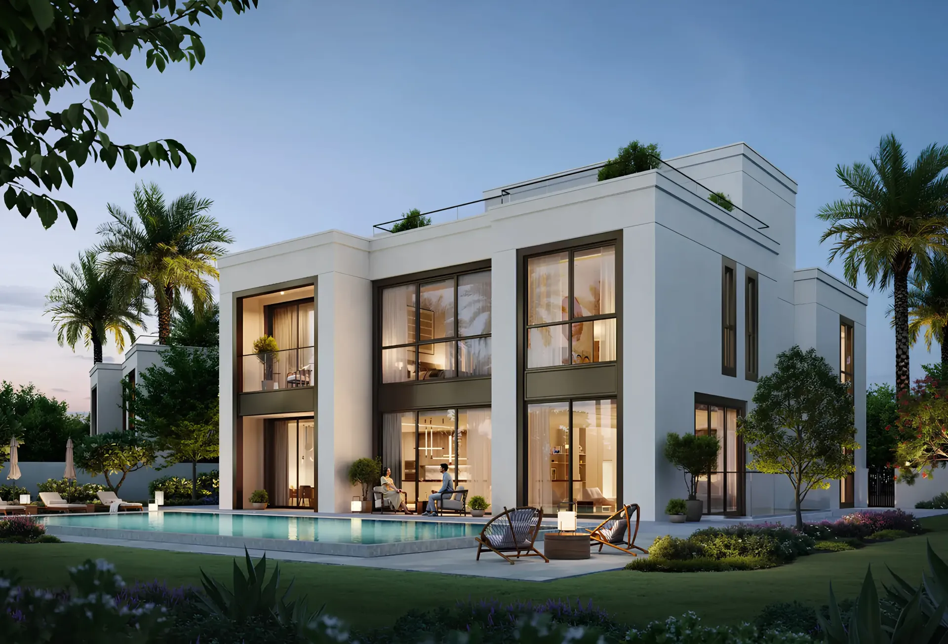 Address Villas – Tierra New Phase – šviesi dviaukštė vila su baseinu ir sodu prieblandoje