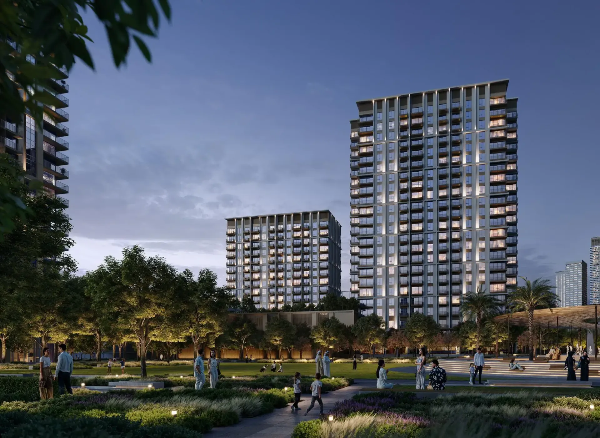 Altus by Emaar – du gyvenamieji bokštai Dubai Creek Harbour sutemus