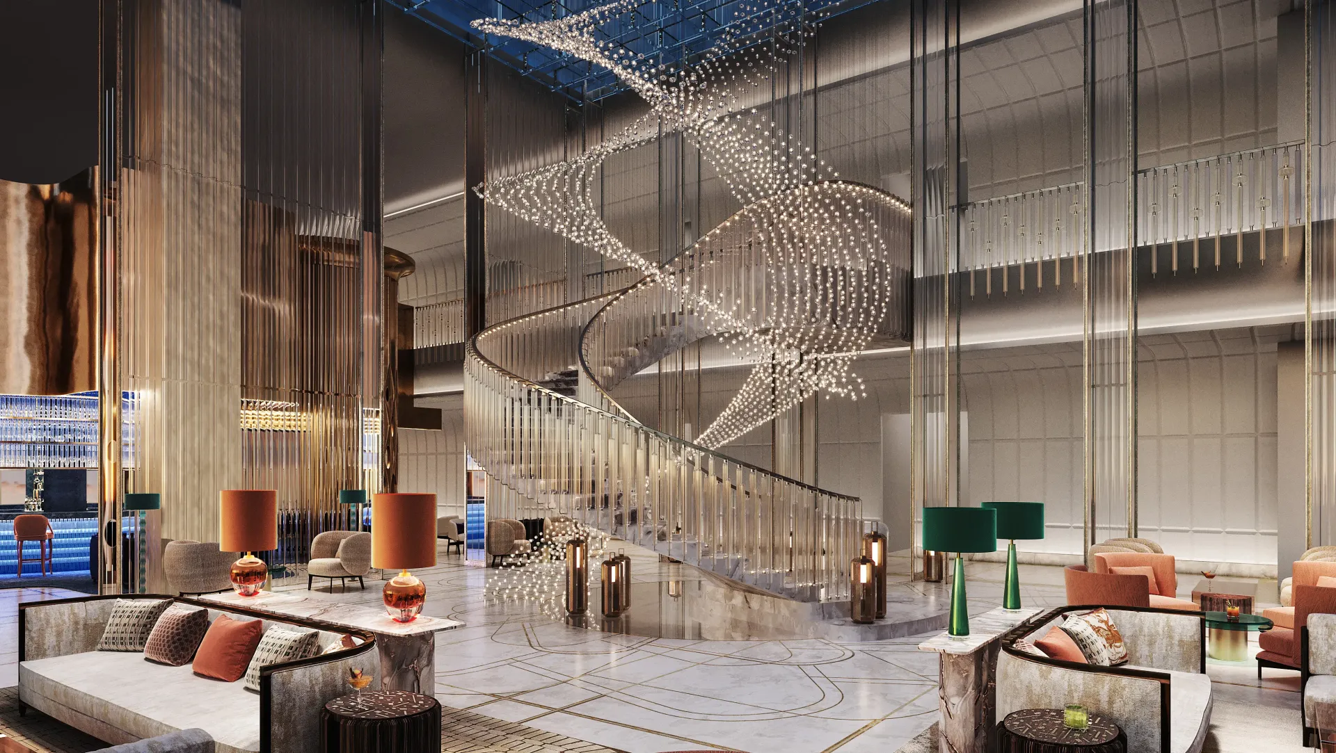 Burj Azizi – aukštos erdvės vestibiulis su spiraliniu šviestuvu ir laiptais