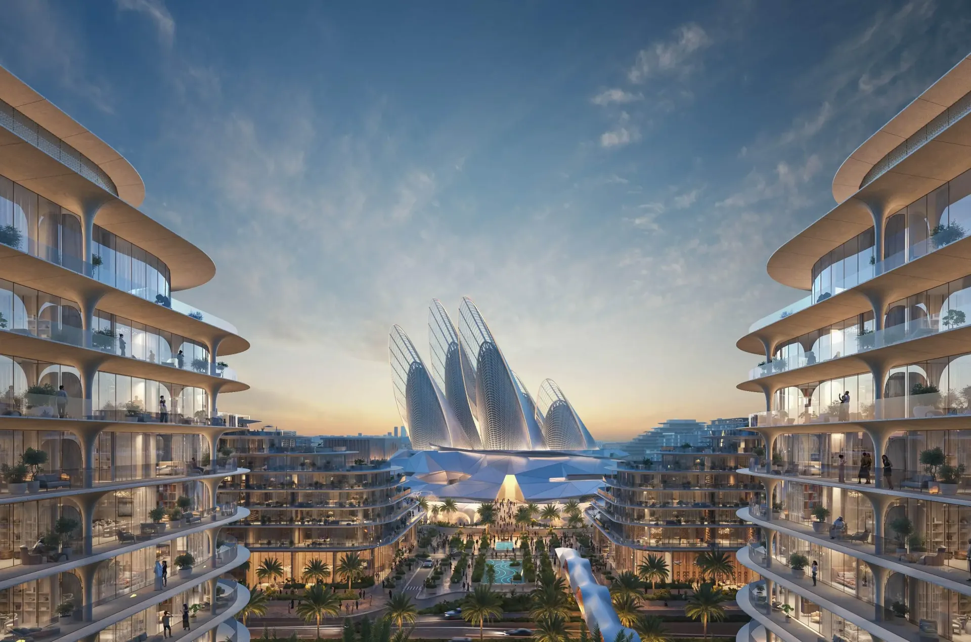 The Row Saadiyat – gyvenamieji pastatai su banguotais balkonais ir skulptūrine konstrukcija Saadiyat saloje