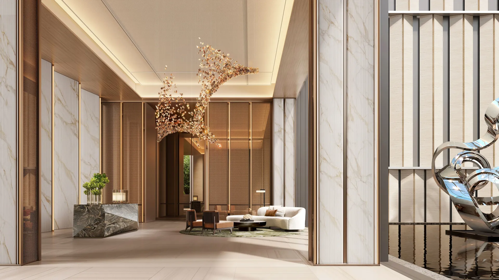 Aukštas vestibiulis su sietynu ir marmuro registratūra Emirates Towers Tower A