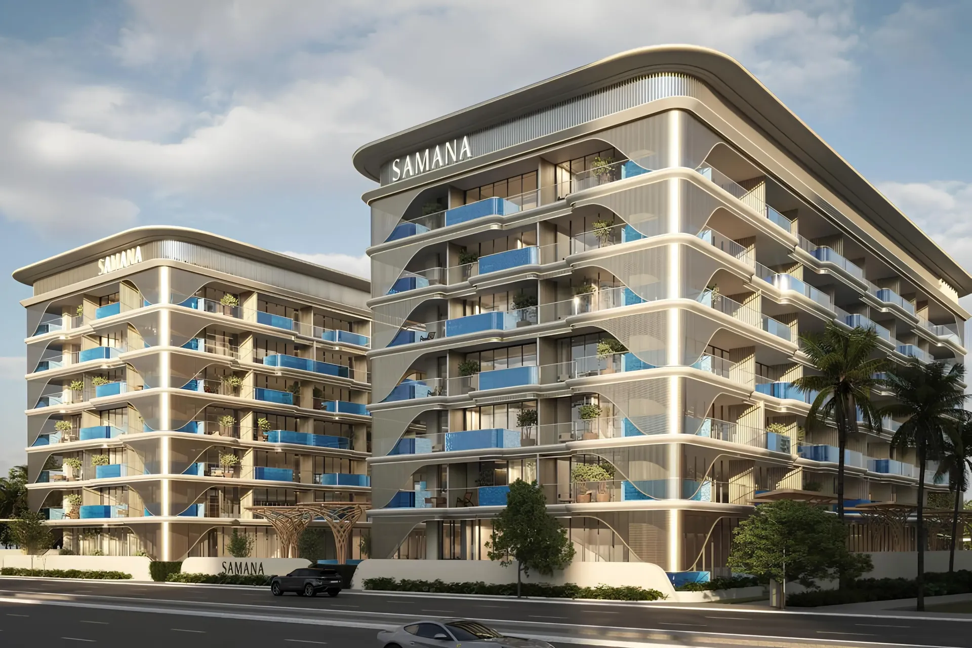 Imperial Garden – bangoto fasado detalė su mėlynais balkonų baseinėliais ir užrašu Samana
