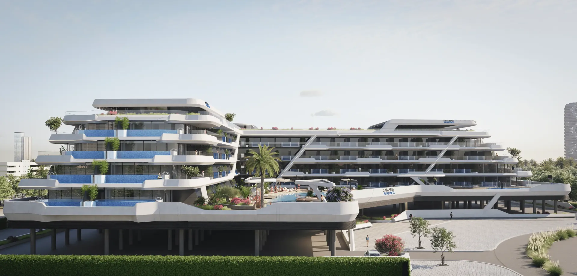 Samana Mykonos – pakopinis gyvenamasis kompleksas su balkonais ir baseinu